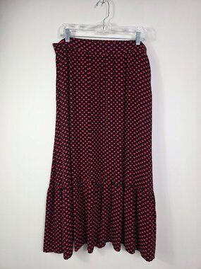 Skies Are Blue Heart Print Midi Skirt Womens Black Red Ruffled Tiered Hem Size L